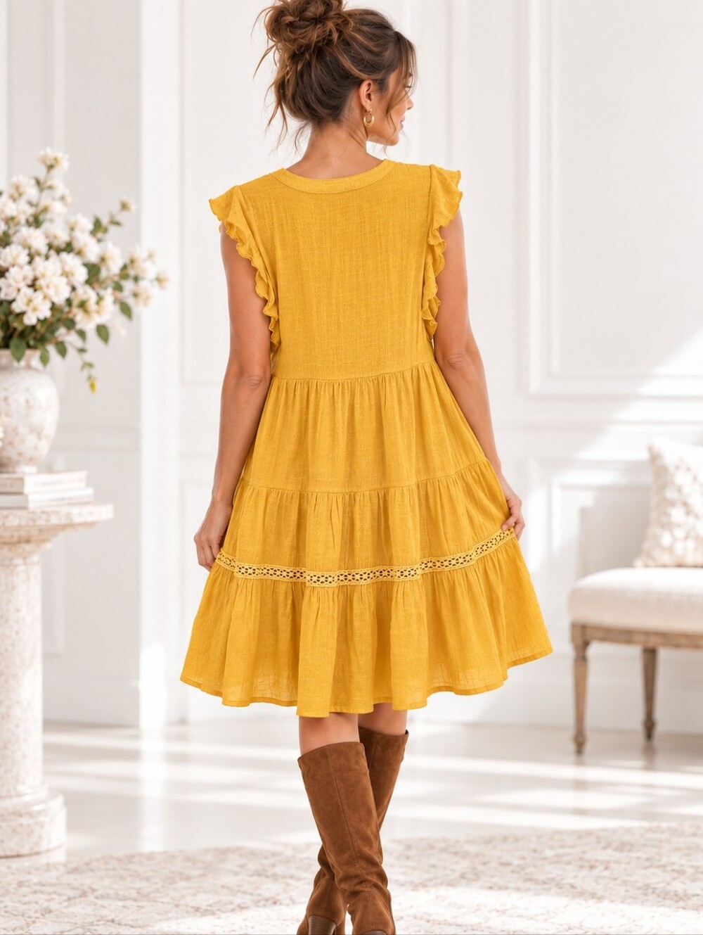 Indigo Rose Mustard Yellow Lace Trim Tiered Dress Petite XL PXL - Picture 3 of 9